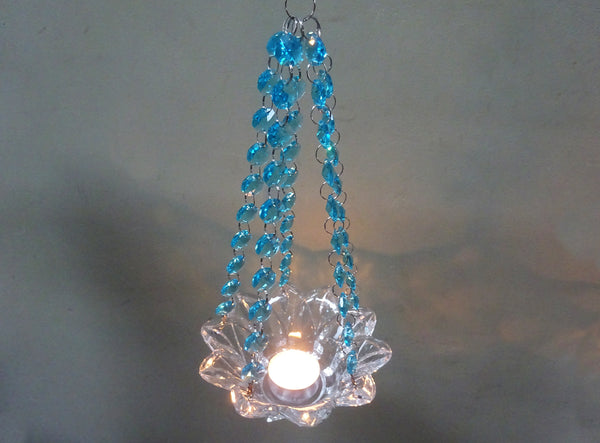Aqua Teal Glass Chandelier Tea Light Candle Holder Wedding Event or Garden Feature 9