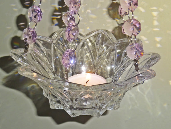 Pink Glass Chandelier Tea Light Candle Holder Wedding Event or Garden Feature 11