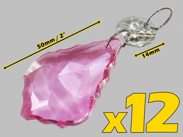 12 of Rose Pink Cut Glass Leaf 50 mm 2" Chandelier Crystals Drops Beads Droplets Light Lamp Part