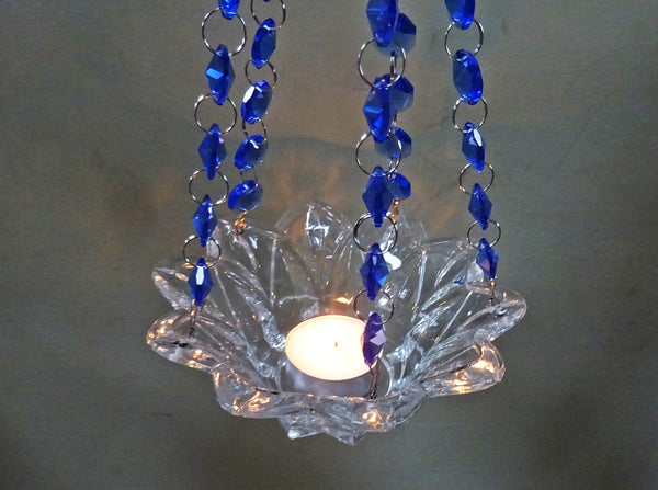 Blue Glass Chandelier Tea Light Candle Holder Wedding Event or Garden Feature 12