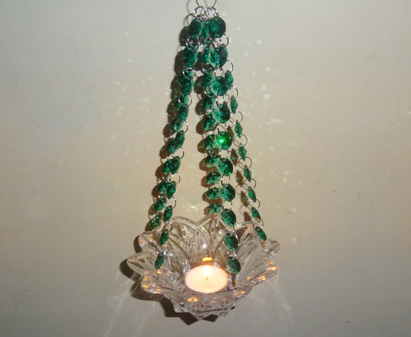 Peacock Green Glass Chandelier Tea Light Candle Holder Wedding Event or Garden Feature 10