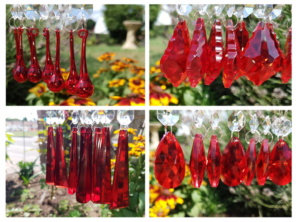 24 Red Chandelier Drops Crystals Cut Glass Beads Droplets Prisms Lamp Light Parts 12