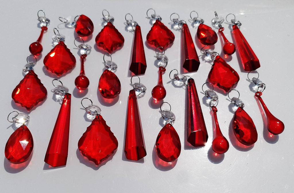 24 Red Chandelier Drops Crystals Cut Glass Beads Droplets Prisms Lamp Light Parts 1