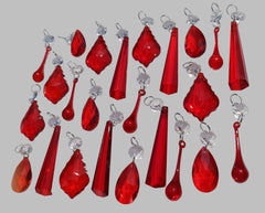 24 Red Chandelier Drops Crystals Cut Glass Beads Droplets Prisms Lamp Light Parts