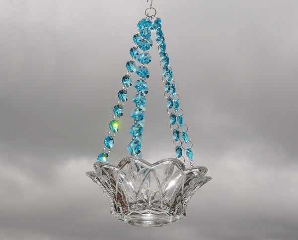 Aqua Teal Glass Chandelier Tea Light Candle Holder Wedding Event or Garden Feature 1