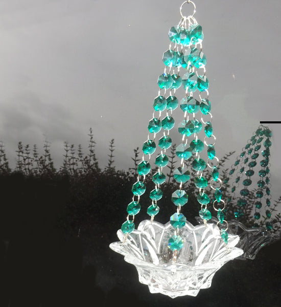 Peacock Green Glass Chandelier Tea Light Candle Holder Wedding Event or Garden Feature 6