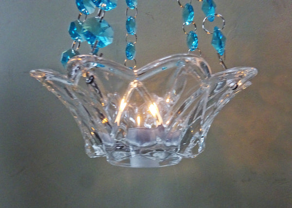 Aqua Teal Glass Chandelier Tea Light Candle Holder Wedding Event or Garden Feature 10