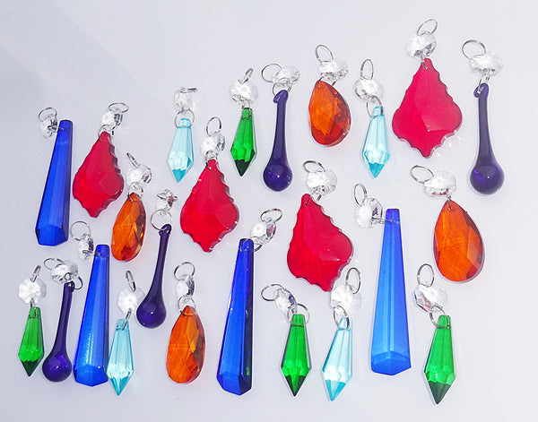 24 Chandelier Drops Mix 6 Designs Colours Cut Glass Crystals Beads Prisms Droplets Lamp Light Parts 11