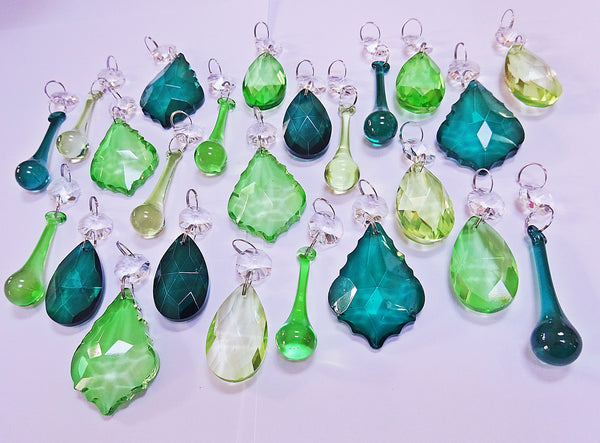 24 Sage Emerald Peacock Green Chandelier Drops Crystals Beads Cut Glass Prisms Droplets Bundle Mix 6