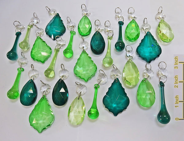 24 Sage Emerald Peacock Green Chandelier Drops Crystals Beads Cut Glass Prisms Droplets Bundle Mix 1