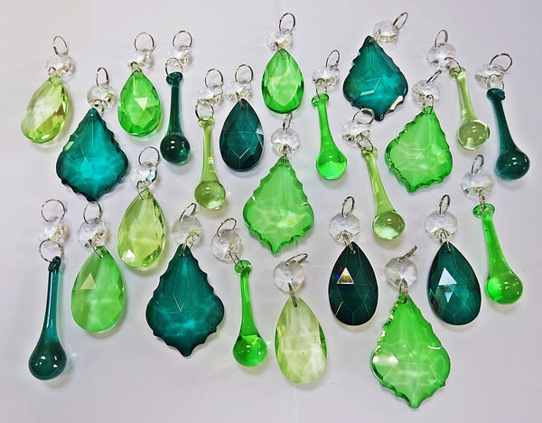 24 Sage Emerald Peacock Green Chandelier Drops Crystals Beads Cut Glass Prisms Droplets Bundle Mix 4