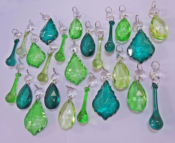 24 Sage Emerald Peacock Green Chandelier Drops Crystals Beads Cut Glass Prisms Droplets Bundle Mix 5
